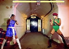 Christen Courtney as Cammy and Rina Ellis as Chun Li are making out