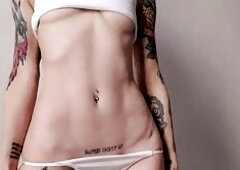 Teasing u in white pants and a taut white reservoir top, I play with my pants, showing off my round, merry boobs and fascinating, toned flat belly wit