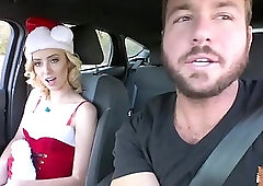 Horny babe Haley Reed rubs her tight pussy in the backseat