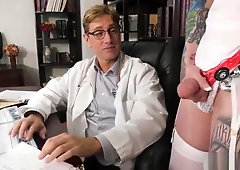 Busty tattooed Tgirl Nurse Chelsea Marie teases and bangs Dr Damien