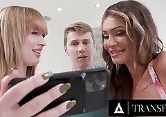 TRANSFIXED - Two Hot Trans Seduce Man With Porn Leading To Hard Trans Double Anal
