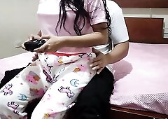 Nasty brunette hair is playing episode games during the time that sitting in her most good ally's lap, just for joy