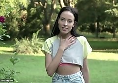 Small tittied brunette Lexi Layo is sucking hard dick in the garden