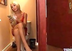 Big tits blonde shemale fucks a strangers hard cock