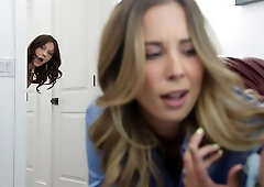 Blonde with Millie Morgan back tattoos sucks him sloppy while the brunette watches