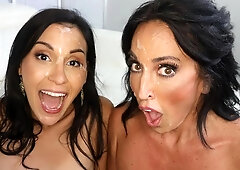 Abi James and Jade Greene are enjoying double blowjob on the knees