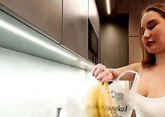 Large breasts blond sexy college angel in a mini petticoat do abode chores and flashes her legs and butt