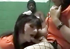 Shemale inmates and a black guy fuck in a jail