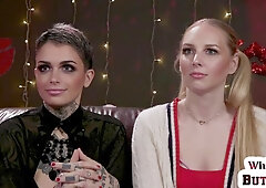 WHIPPED ASS - Inked lezdom whips feet of blindfolded GF after casting