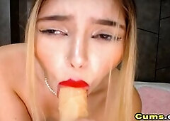 Watch this pretty and horny slut as she sucked her dildo. Licking and sucking huge dildo. Wets her pussy hole ready her dildo and fucked herself. Dild