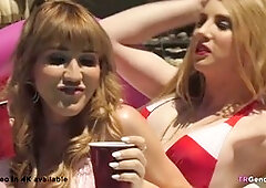 Three ladyboys getting it on with three guys in the great outdoors