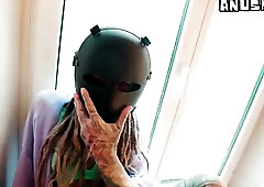 Tattooed masked gal ANAL screw and cunt overspread in cum