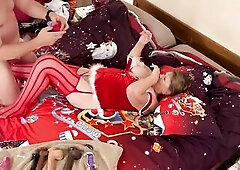 Old mature celebrates Christmas in July masturbating with dildo