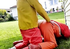 Banging lascivious mother i'd like to fuck from behind in rainwear and rubber boots in the garden