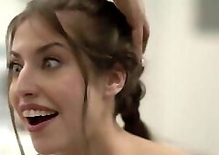 Curvy babe gets her pussy banged by horny TS while stucked