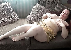 British big beautiful woman Redhead Wife Haley Playing with shaven vagina and large breast on show whilst wearing gold tassel suit making her juicy cl