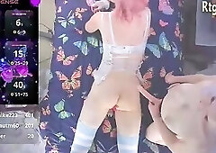 pink haired transgirl in atockings and lingerie gets anal fucking by fake dick female on web