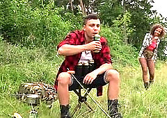 Black smalltitted teen fingered n fucked outdoor under tent