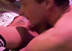This experienced woman stretches her trickling snatch with a thick sex-toy, squirting everywhere as multiple males pound her relentlessly. This babe e