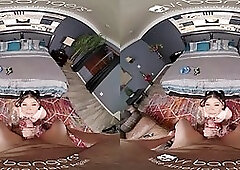 Nerdy babe is wearing glasses while spreading her legs wide open and getting fucked, in VR