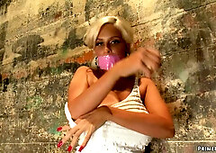 Huge tits blonde fucks machine and toy