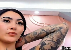 Curvy tattooed woman takes a thick cock anally on her webcam