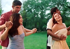 Passionate brunette explores sensual swinger group pleasures