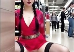 Exhibitionist AI cuties riding a sex-toy in grocery store