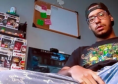 Spunk gamer in the office flashing his rump and packing it with man-cream