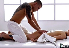 Busty cute babe rides her masseur