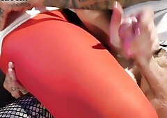 Bisex busty MILF swaps cum in 3some with crossdresser