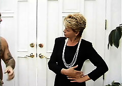 Older A-Cup lady straddles dude's condom