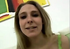 Lascivious golden-haired wench gives bj from POV and catches spunk flow with her butt.