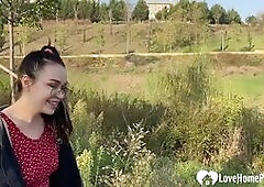 Sexy babe with glasses needed a break from running so we fucked outdoors.