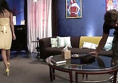 Cougar in high heels discloses her large titties and takes a large knob