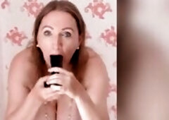 I dancing in very hawt underware, nylons and high heels shoes. All in pink color. I lazily take off my brassiere and play with my giant natural saggy 