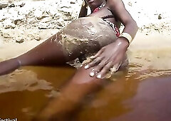 Slim darksome skinned tribe lady with oozy flawless bazookas