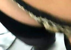 Very sexy MILF in a stocking leather skirt and heels wanks her husband's cock and makes it cum twice in his thong! in a public elevator