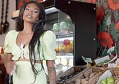 Hot black teen posing in grocery store and showed her natural big tits