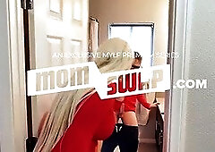 Beautiful Blonde Stepmom In Shorts Plays With Her Stepsons Big Hard Cock While Watching Scary Movie