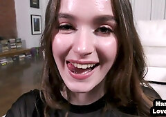 Hazel Moore teases her clit before giving her boyfriend a passionate handjob