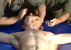 Restrained jock Slava tickled by foot fetish duo