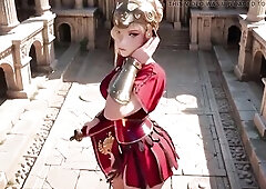 From the quiet stance in the grand stone corridor to her assured appearance at the arena center, this blond warrior stands out in red armor and a slit