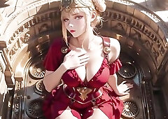 From the quiet stance in the grand stone corridor to her assured appearance at the arena center, this blond warrior stands out in red armor and a slit