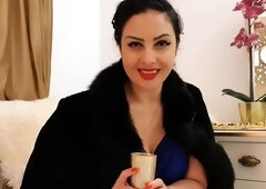 Busty curly brunette with big boobs fucks on couch