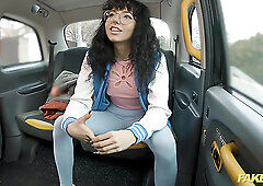 Public fuck right in a taxi with a slender Latin student.