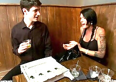 Solo drinker brunette hair transsexual chick Morgan Bailey sucks wang to bartender Chris Ockham then anal bangs him for cash in his bar after closing 