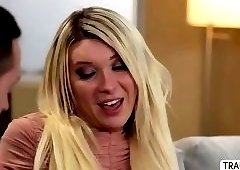 Transgirl Aubrey enjoys riding big dick making love on the couch