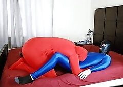 Touch, cock-squeezing, shiny spandex