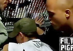 Nicos and Yenier shower piss on tied up Alex